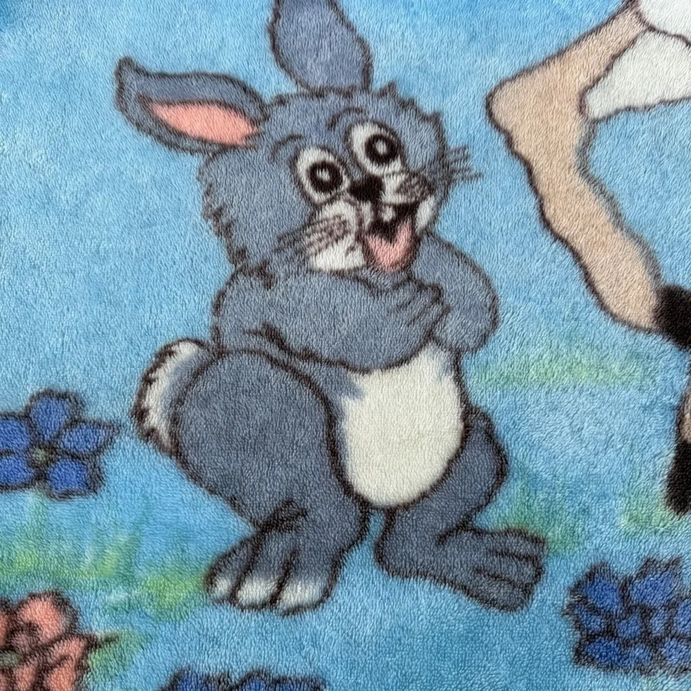 Vintage Deer Bunny Butterfly Flowers Plush Minky Blanket Blue 42x54 GUC